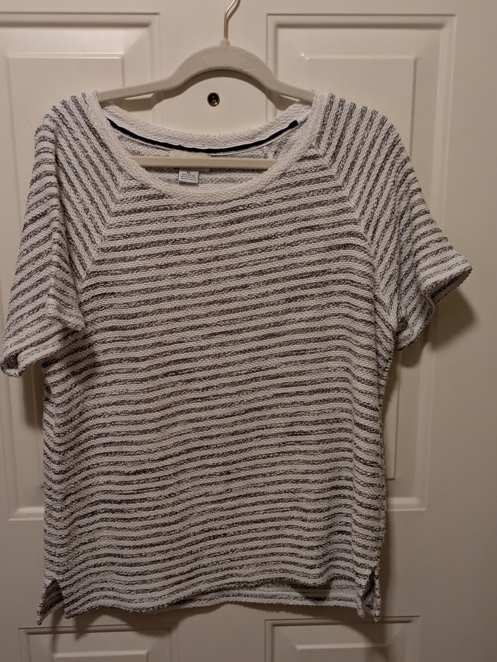 Striped Short-Sleeve Knit Top in White and Gray